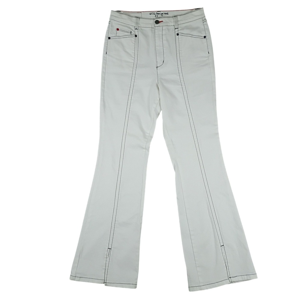 Peace Love World Flare Pants Women 6 White Contrast Stitch High Rise Split Hem